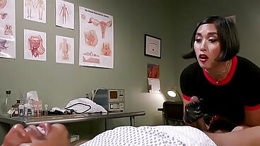 Asian dom doctor strokes black slaves dick
